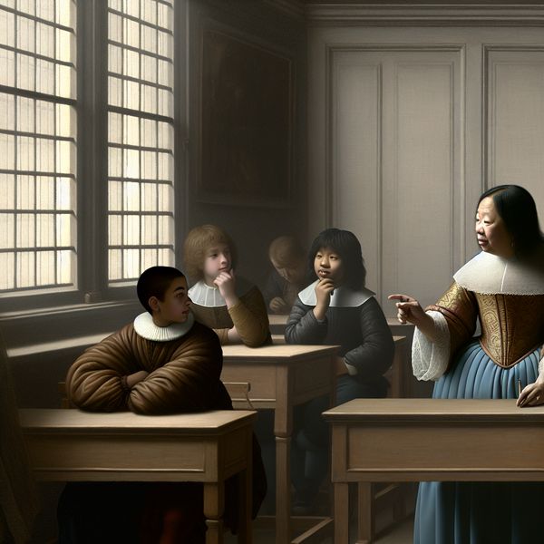 Een lerares geeft advies aan een groep aandachtige studenten in een serene klasruimte.