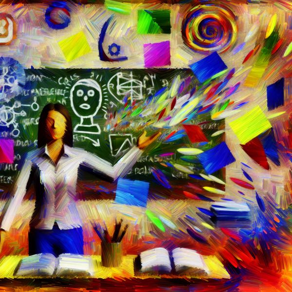 Advies geven over studeerplannen in een kleurrijke klas Abstracte afbeelding van een persoon die advies geeft over studeerplannen in een levendige klasomgeving met kleurrijke notities en materialen.