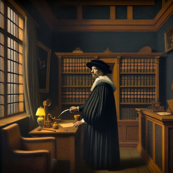 Advocaat in historische rechtbank: juridisch advies en verdediging in de stijl van Vermeer 17e-eeuwse Nederlandse advocaat in zwarte toga die een juridisch document bestudeert in een sfeervolle rechtbank, in de stijl van Vermeer