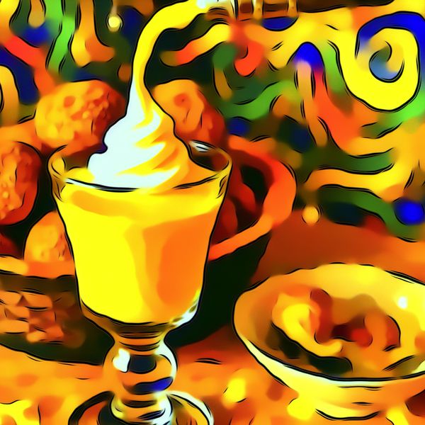 Advocaat en oliebollen: traditionele Nederlandse Nieuwjaarsborrel Vrolijke abstracte illustratie van advocaat die in een glas wordt gegoten met oliebollen op Nieuwjaarsavond, in stijl van Karel Appel