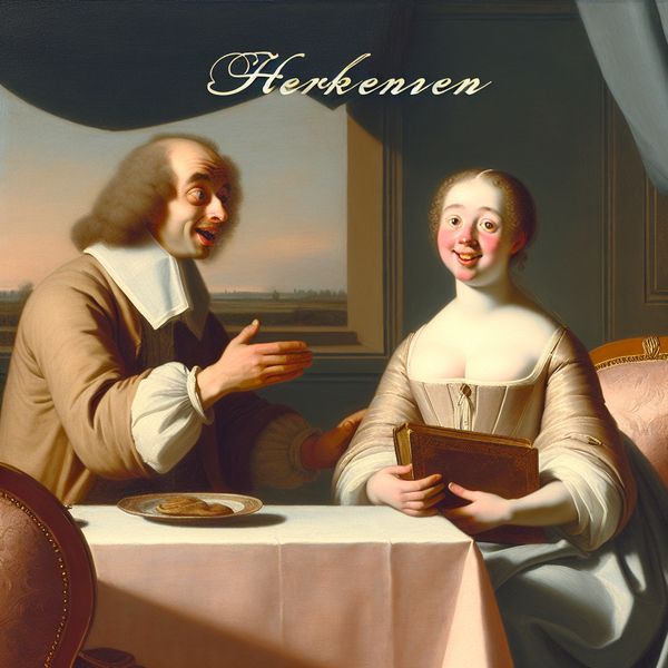 Herkennen in een Elegante Interieur Scene Een man en vrouw in een elegante kamer delen een moment van herkenning aan een prachtig gedekte tafel, met de vrouw die een vintage boek vasthoudt.