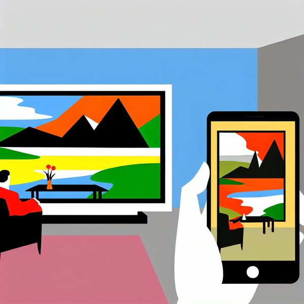 Minimalistische digitale illustratie van een woonkamer met een televisie en smartphone die dezelfde afbeelding tonen, verschillend in scherpte en helderheid