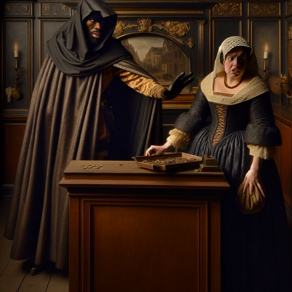 Afdwingen van geld: historische scène met dreiging en spanning 17e-eeuwse scène van een crimineel die geld afdwingt van een angstige kassamedewerker in een elegante interieur