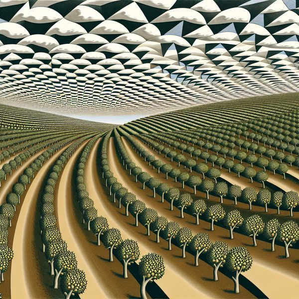 Surrealistisch landschap geïnspireerd op M.C. Escher met afgebakende regio van glooiende heuvels, fruitboomgaarden en optische illusies