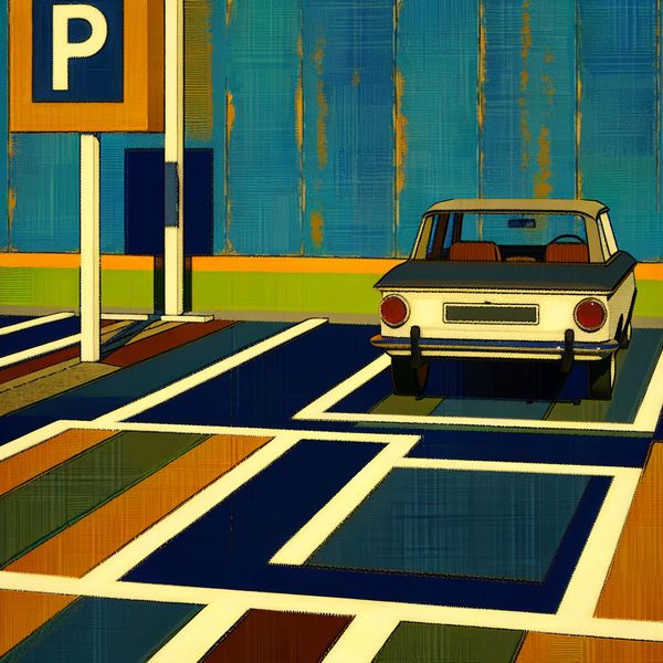 Afgebakende ruimte parkeervak - retro illustratie voor taal leren Retro-futuristische illustratie van een net geparkeerde auto in een afgebakend parkeervak met witte lijnen en een parkeerbord