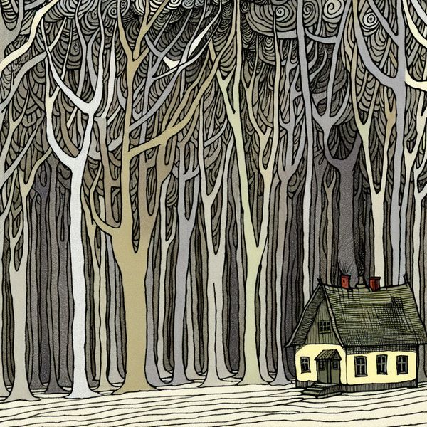 Afgelegen huis in eenzaam bos - illustratie voor taal leren Nederlands Klein, afgelegen huisje diep in een donker, dichtbegroeid bos met hoge bomen en lange schaduwen, cartoonstijl in de trant van Marten Toonder