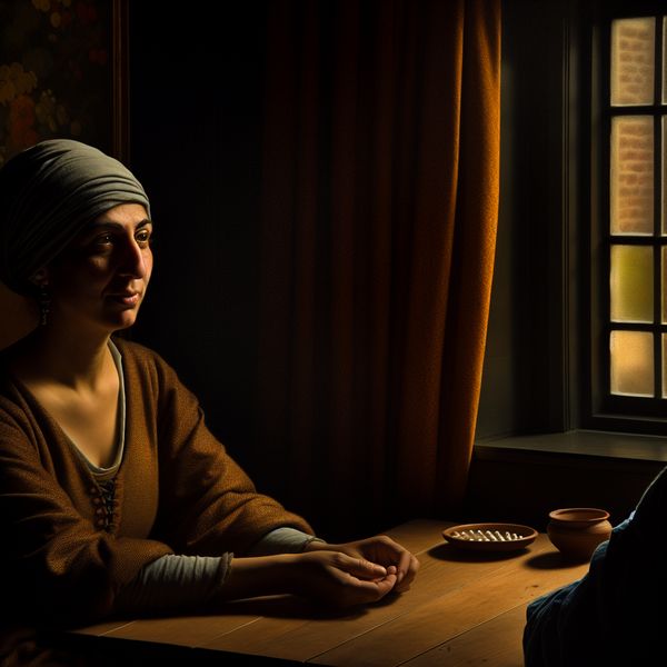 Afgeleid in een Dimlicht Kamersessie Een vrouw zit aan een houten tafel in een zwak verlichte kamer, met een afgeleide blik terwijl ze naar een raam kijkt, terwijl een vriend conversatie voert.