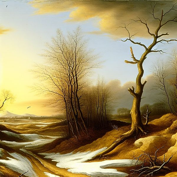 Dramatisch landschap met smeltende sneeuw en ontluikende bomen bij zonsondergang, symboliserend dat iets afgelopen is