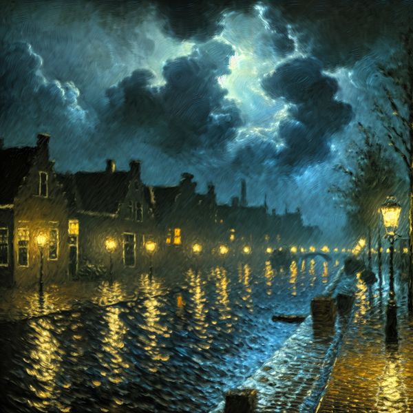 Afgelopen nacht in storm: historische Nederlandse straat in Rembrandt-stijl Dramatische Rembrandt-achtige scène van een stormachtige nacht in een 17e-eeuws Nederlands stadje met glinsterende natte kasseien en regenval onder een lantaarnlicht