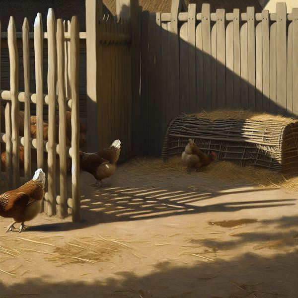 Afgesloten kippenren in rustieke tuin – dierenverblijf voor kippen Kippen die rondscharrelen in een afgesloten houten ren met stro, zacht zonlicht en gedetailleerde texturen van hout en veren