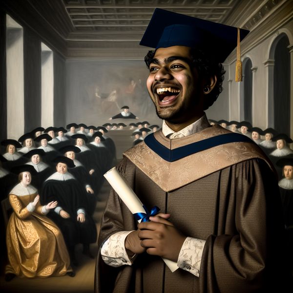 Afgestudeerde man met diploma in elegante universitaire setting Jongeman in toga en pet, blij met diploma in soft-lit auditorium