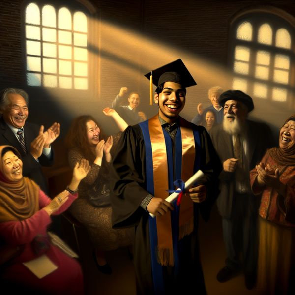 Een afgestudeerde in cap en gown, blij met diploma omringd door familie en vrienden die vieren in een zonovergoten hal.