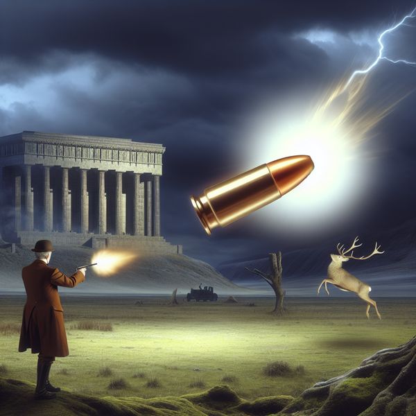 Hyperrealistisch surrealistisch tafereel van een afgevuurde kogel in de lucht, met een jager die mist en een hert dat wegvlucht in een desolate omgeving