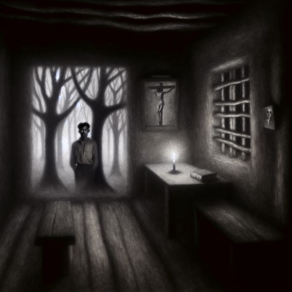 Afgezonderd leven in eenzaamheid: symbolische voorstelling van isolement Eenzame figuur in een donker, mistig boshuisje, symbolisch afgezonderd van de buitenwereld