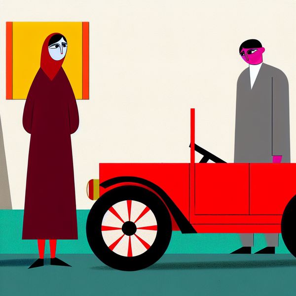 Twee personages in minimalistische stijl, waarbij de ene trots naast een glanzende rode auto staat en de ander met afgunst naar de auto kijkt