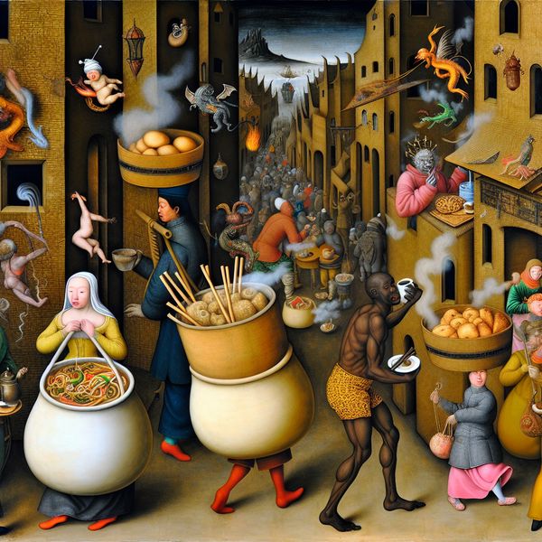 Surrealistisch tafereel in de stijl van Jheronimus Bosch van een middeleeuwse straat waar mensen Chinees afhaaleten en koffie meenemen, met fantasiewezens en zwevende lekkernijen