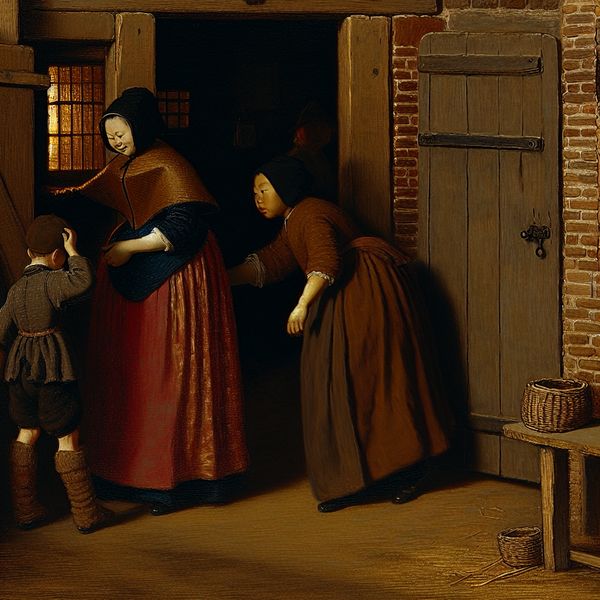 Afhalen van school: emotioneel moment in Rembrandt-stijl schilderij Ouder knielt om kind met schooltas af te halen bij een 17e-eeuws schoolgebouw, warme omhelzing in Rembrandt-stijl met chiaroscuro belichting