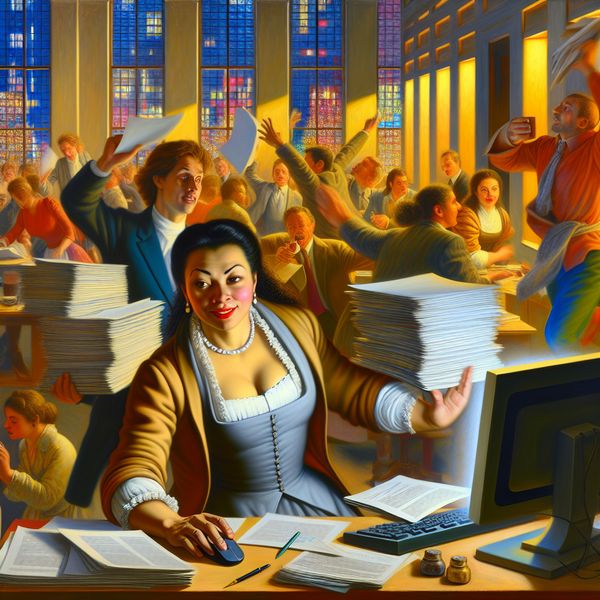 Vrouw Afhandelen van Documenten in Druk Kantoor Een vrouw in een druk kantoor beheert stapels papierwerk en een computer, omringd door energieke collega's.