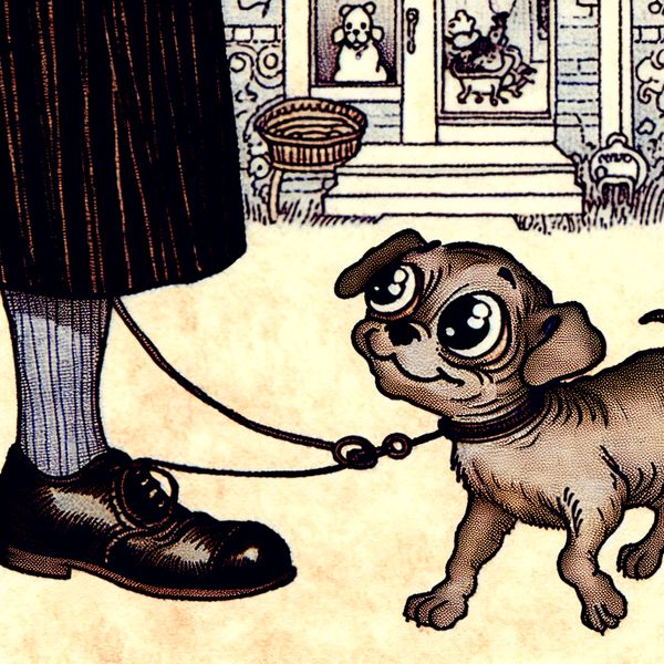 Afhankelijk puppy volgt kind - symboliek van zorg en hechting Schattig cartoonhondje met grote ogen en slappe oren dat liefdevol aan het been van een kind vastzit, symbool voor afhankelijkheid in een warme, gedetailleerde omgeving