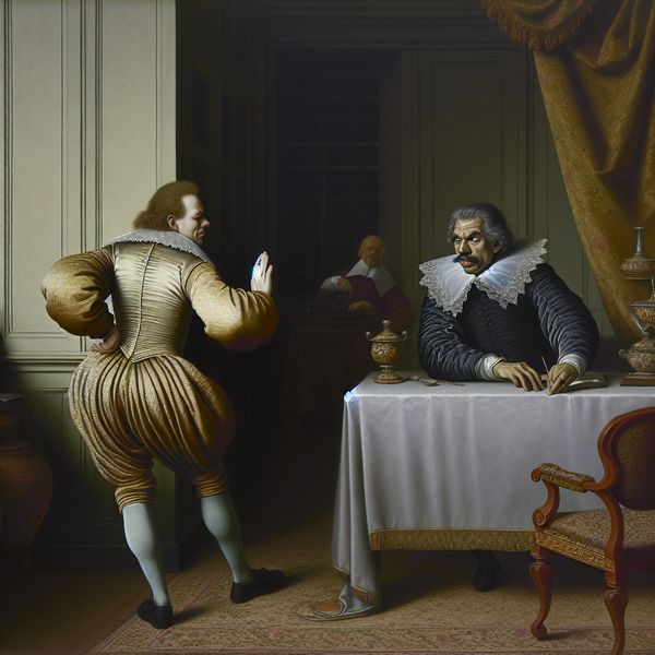 17e-eeuws schilderij van een man die met afkeer reageert op zijn arrogante baas in een elegante kamer