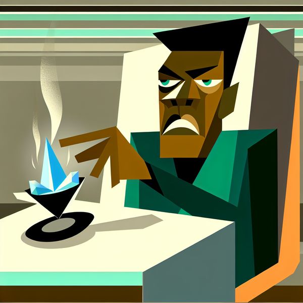 Persoon met een uitdrukking van afkeer duwt een kop koude koffie weg in een retro-futuristische setting