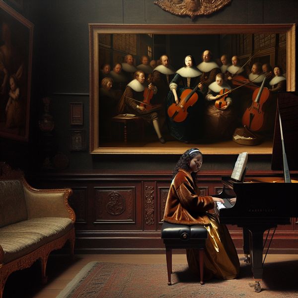 Afkomst en muzikale traditie in Rembrandt-stijl schilderij Jonge vrouw speelt piano in een rijk gedecoreerde kamer met een familieportret op de achtergrond dat muzikale afkomst symboliseert