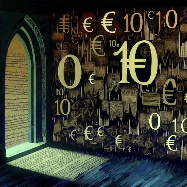 Afkorting miljoen in financiële rapporten: 10 M. betekenis en gebruik Gothische financiële illustratie met afkorting '10 M.' voor 10 miljoen, omringd door eurotekens, grafieken en cryptische symbolen in een compact rapport