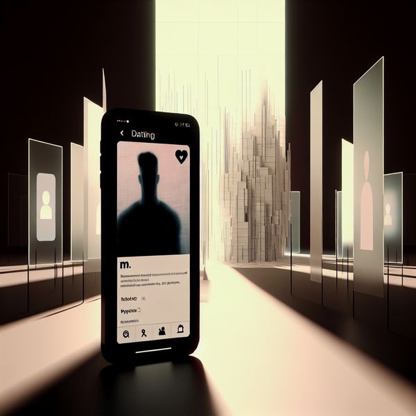 Betekenis afkorting M. in datingapps: man verwijzen in chat en sociale media Smartphone met datingapp-profiel 'M.' voor man in mysterieuze, futuristische setting geïnspireerd op Carel Willink