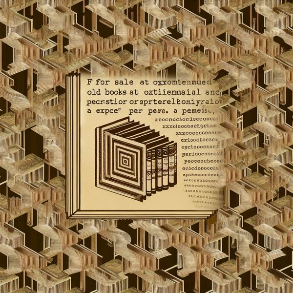 Betekenis en gebruik van de afkorting 't. ex.' (ter exemplaar) in oude catalogi en documenten Surrealistische Escher-achtige illustratie van een oude cataloguspagina met de tekst 'Te koop aangeboden: oude boeken te €5 per stuk (t. ex.)', omringd door optische illusies van boeken en ganzenveren