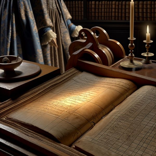 Afkorting 'T' voor tijd in historische planningstabel - Nederlandse taalstudie 17e-eeuws Nederlands interieur met open planningsboek waarin de letter 'T' als afkorting voor 'tijd' in een tabel met tijdsaanduidingen staat uitgelicht