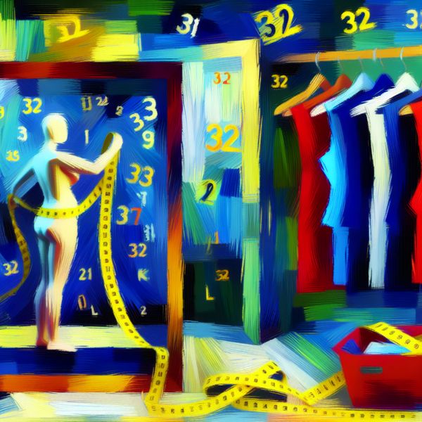 Abstract expressionistisch schilderij van een persoon die met een meetlint de taille opmeet, met zwevende kledingmaten zoals 32, 34, M en L in een dynamische compositie