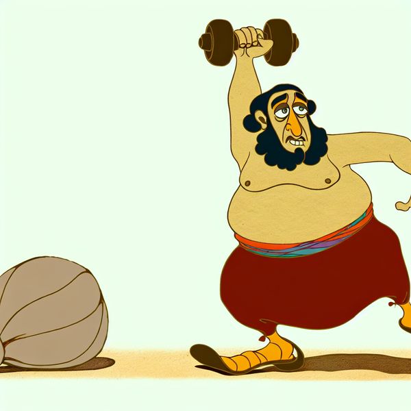 Afname van kracht en spiermassa - Taalillustratie Nederlands Cartoonfiguur met verminderde spiermassa die moeite heeft met gewichtheffen, illustratie van afname in kracht