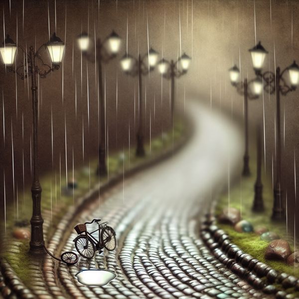 Vintage fietspad in de regen met een omgevallen fiets, symboliserend dat iets aan kracht of waarde afneemt