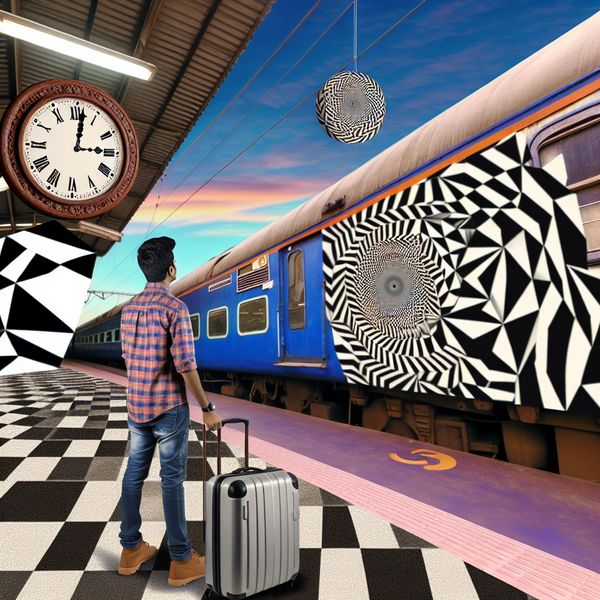 Een persoon met een koffer op een treinstation, kijkend naar een surrealistische klok die drie uur aan geeft, met een trein in de achtergrond die geometrische ontwerpen heeft.