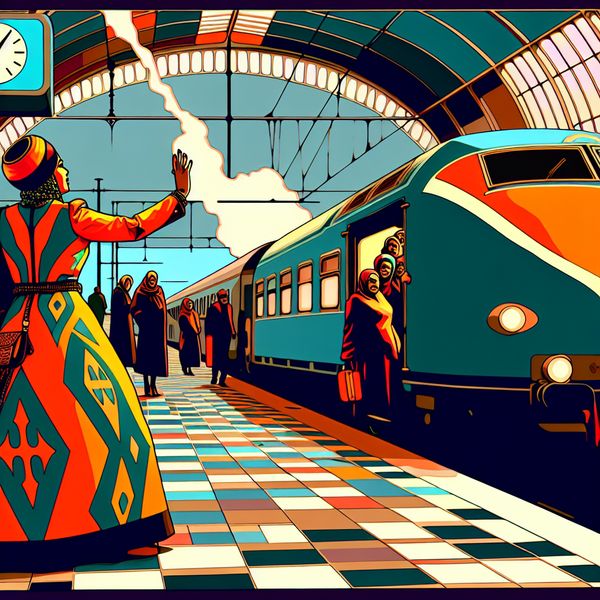Afscheid nemen op een nostalgisch treinstation - Nederlandse taal oefening Vrouw in felgekleurde jurk zwaait enthousiast naar vertrekkende stoomtrein op retro treinstation met het woord 'dag'