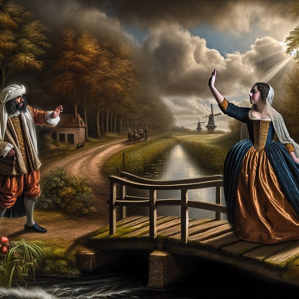 Afscheid nemen in 17e-eeuws Nederlands landschap: formele en informele groet Twee elegante figuren nemen afscheid bij een houten brug over een rustig kanaal in een 17e-eeuws Nederlands landschap, met de tekst 'Tot ziens, fijne dag nog!'