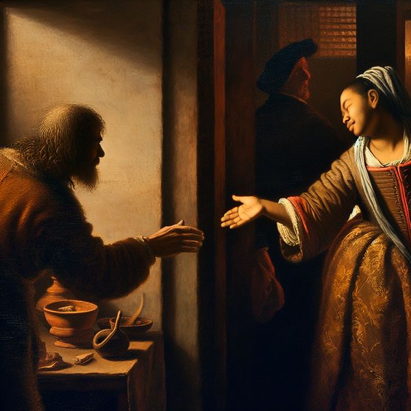 Afscheid nemen in Nederlandse taal en cultuur - emotioneel afscheidsmoment Twee mensen nemen afscheid in een warm verlichte kamer met dramatische schaduwen, een hand wordt uitgestoken bij het zeggen van 'Dag! Ik zie je morgen weer'