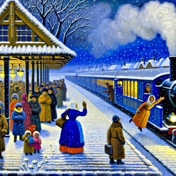 Afscheid nemen bij wintertrein: emotioneel tafereel in Avercamp-stijl Vrouw zwaait afscheid bij vertrekkende stoomtrein in levendige winterse treinstation-scène in de stijl van Hendrick Avercamp