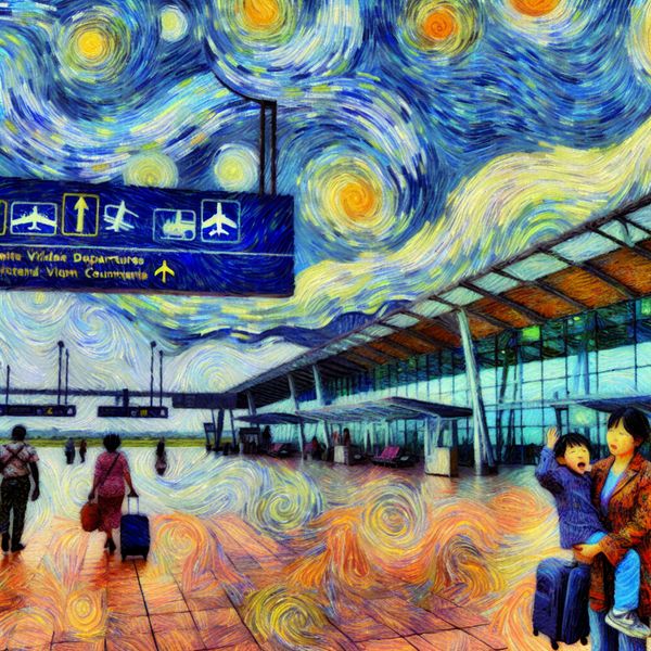 Afscheid op de luchthaven: emotioneel tafereel in Van Gogh-stijl voor taalstudenten Moeder en kind nemen afscheid bij de vertrekhal van een drukke luchthaven in Van Gogh-stijl met levendige kleuren en dynamische penseelstreken