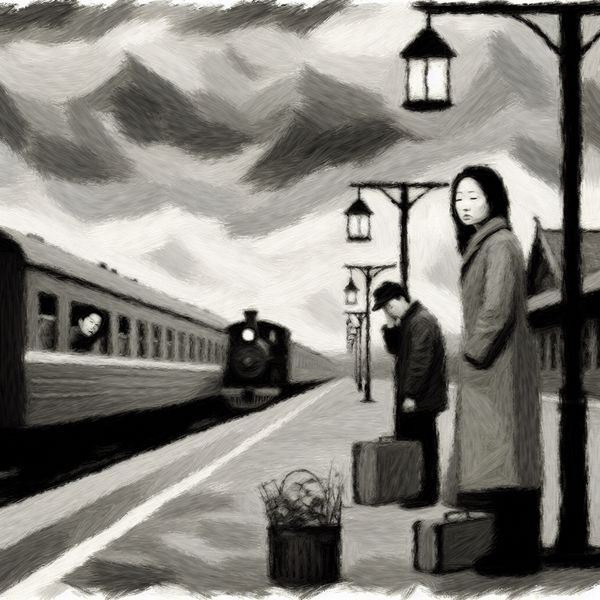 Afscheidsmoment op een treinstation onder een sombere lucht Een emotionele afscheidsafbeelding op een treinstation, met twee personen in een sombere stemming, omgeven door grijstinten en donkere blauwen. De ene kijkt verlangend terug, terwijl de ander naar beneden kijkt.