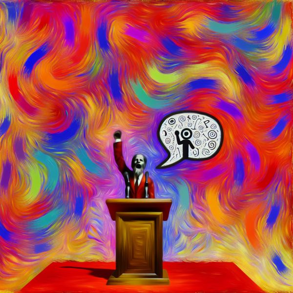 Abstract schilderij van een spreker die een toespraak afsluit met opgeheven armen, omringd door kleurrijke, dynamische penseelstreken en een speelse anekdote in een spraakballon