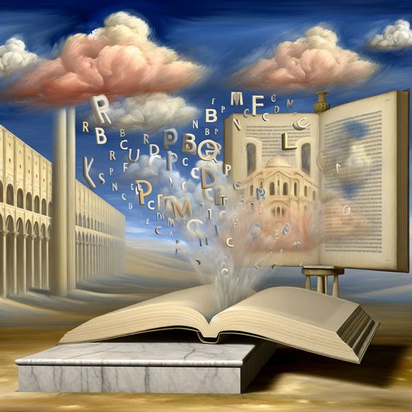 Afsluiting van een verhaal: Hyper-realisme in een surrealistische omgeving Een hyper-realistiscene met een open boek op een marmeren pedestal, waarbij woorden en letters uit de pagina's omhoog zweven in een surrealistische omgeving.