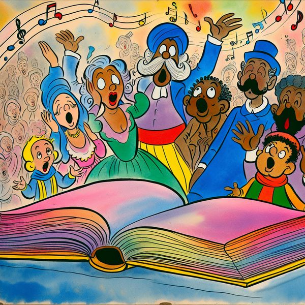Een kleurrijk cartoonbeeld van een open boek op een tafel met verbaasde karakterfiguren die het laatste hoofdstuk lezen, omgeven door muzieknoten.