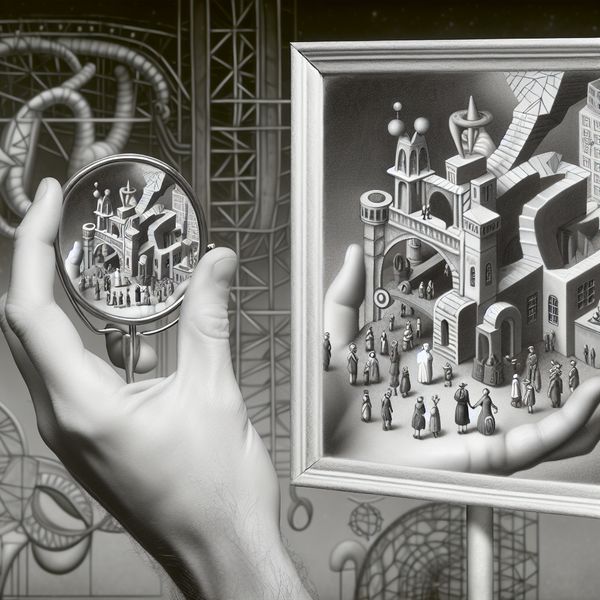 Surrealistische tekening in de stijl van M.C. Escher van een hand die een spiegel vasthoudt, waarin een gedetailleerde miniatuurmaatschappij met straten, economische grafieken en mensen te zien is als ware weergave van de economie en samenleving