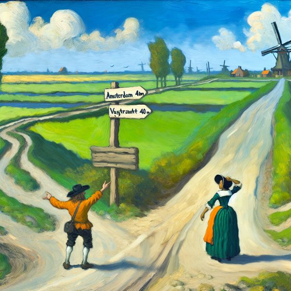 Twee reizigers in 17e-eeuwse kleding staan aan weerszijden van een kronkelende weg met een houten wegwijzer naar Amsterdam en Utrecht, illustrerend het concept afstand in een Nederlandse landschapsschildering in de stijl van Frans Hals