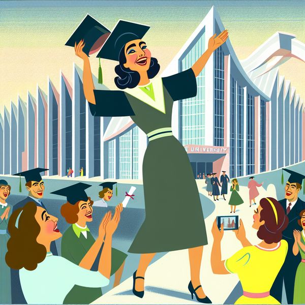 Afstuderen aan de universiteit: Jubilerende vrouw met diploma Jonge vrouw in een moderne afstudeeroutfit die haar diploma feestelijk vasthoudt voor een futuristisch universiteitsgebouw, omringd door blije vrienden en familie.