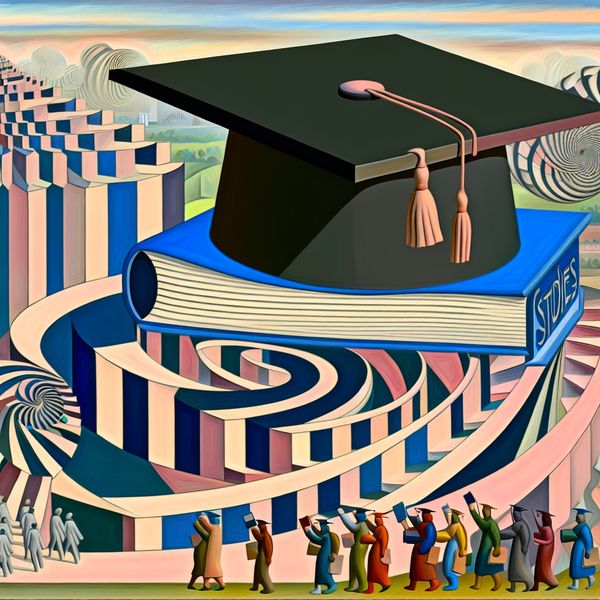 Surrealistisch landschap met een geometrische structuur en een afstudeerhoed op een gigantisch boek getiteld 'Studies', omringd door feestvierende mensen en een eindeloze trap.