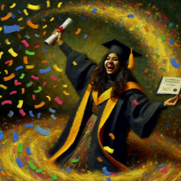 Vreugdevolle Afstudeerceremonie en Succes Junge vrouw viert haar afstuderen met een diploma en confetti in een Rembrandt-achtige setting.