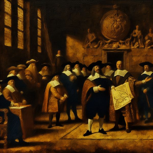 Historische afvaardiging: diplomatieke missie in Rembrandt-stijl Grote groep 17e-eeuwse diplomaten en functionarissen in een donkere zaal, voorbereidend op een belangrijke missie naar het buitenland, met een centrale figuur die naar een kaart wijst