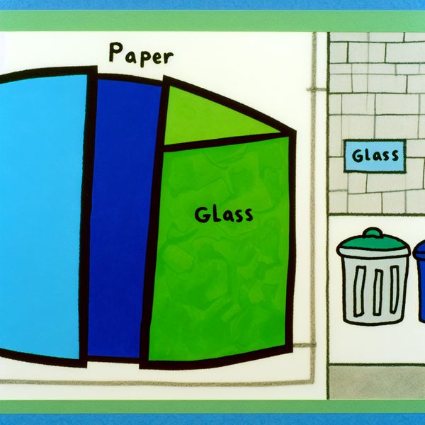 Illustratie van afvalscheiding voor kinderen Speelse illustratie van een groot stuk papier dat in drie secties wordt gesplitst: papier (blauw), glas (groen) en restafval (grijs).
